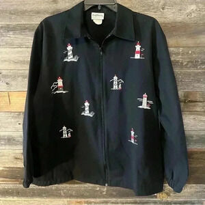 Bon Worth Women's M Lighthouse Jacket Coat Embroidered Black Beach Coast